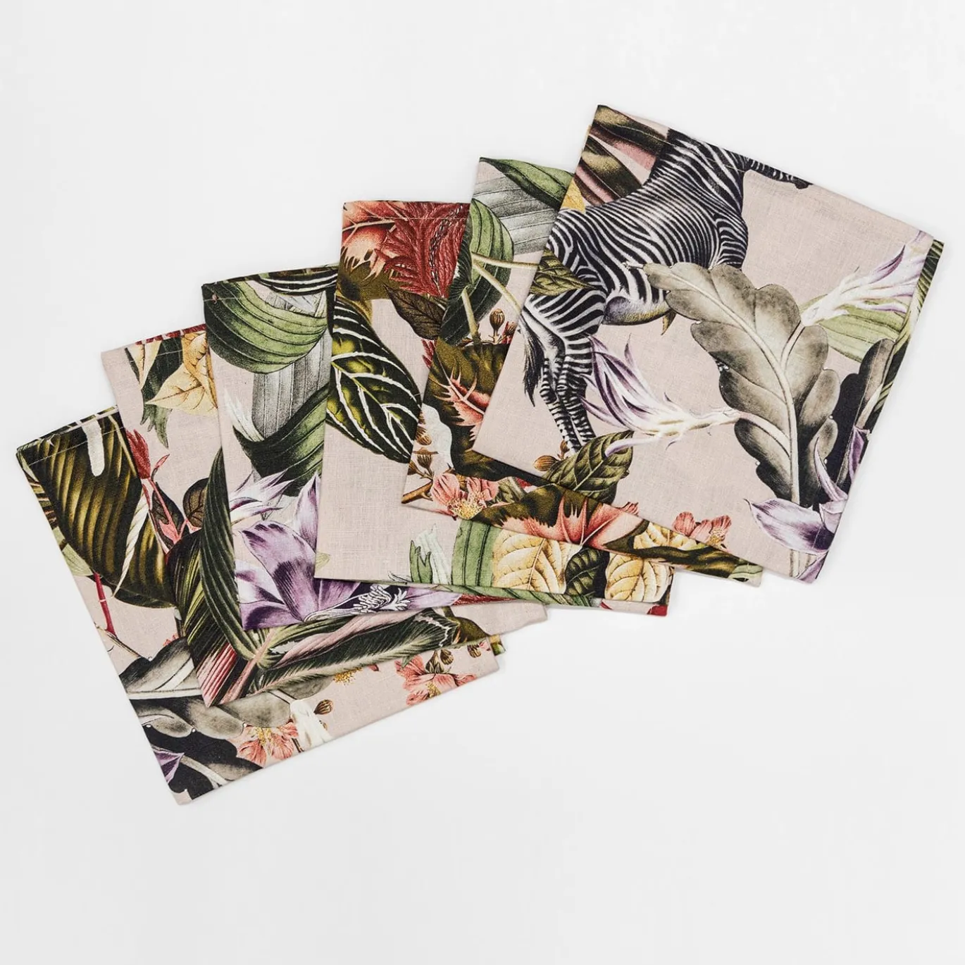 Animalia Set di 6 tovaglioli in lino con animali e vegetazione esotica