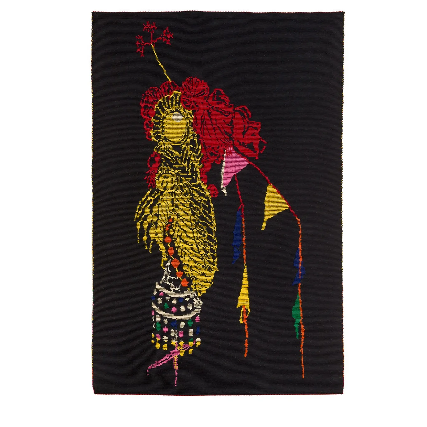 Arazzo Fantasma rosso e oro in lana con sfondo nero di Anna Galtarossa