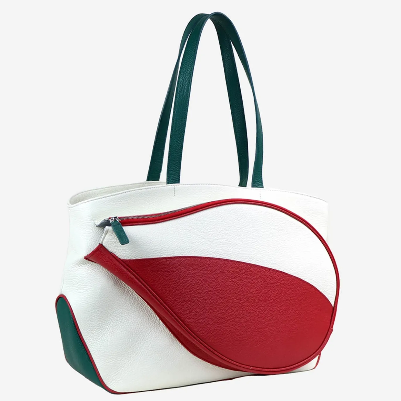 Borsa sportiva bianca e rossa con tasca a forma di racchetta da tennis