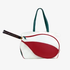 Borsa sportiva bianca e rossa con tasca a forma di racchetta da tennis