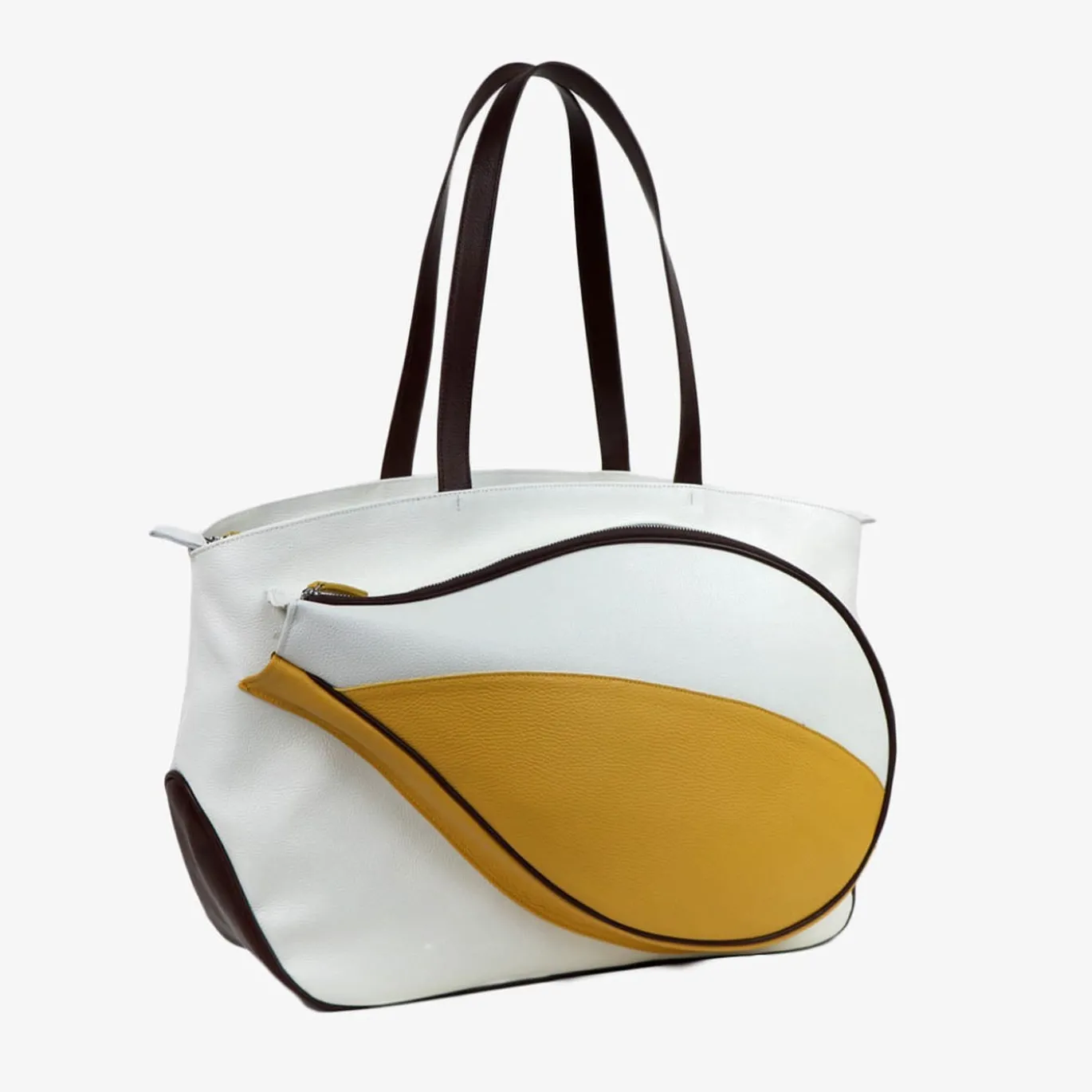 Borsa sportiva bianca/gialla/marrone con tasca a forma di racchetta da tennis