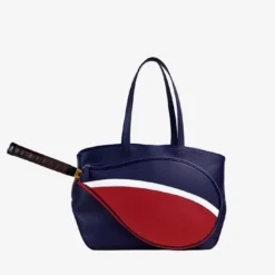 Borsa sportiva blu e rossa con tasca a forma di racchetta da tennis