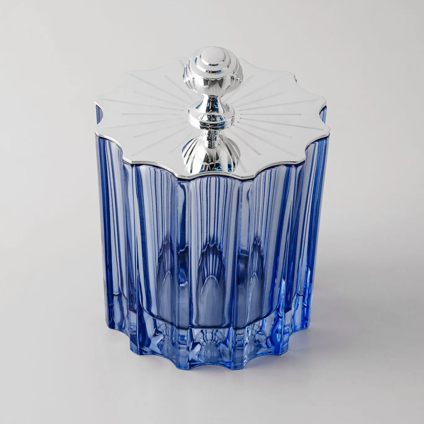 Box alta blu in cristallo con Coperchio Art Deco Placcato Argento