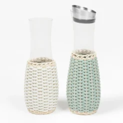 Caraffa Dijon in pelle bianca e rattan
