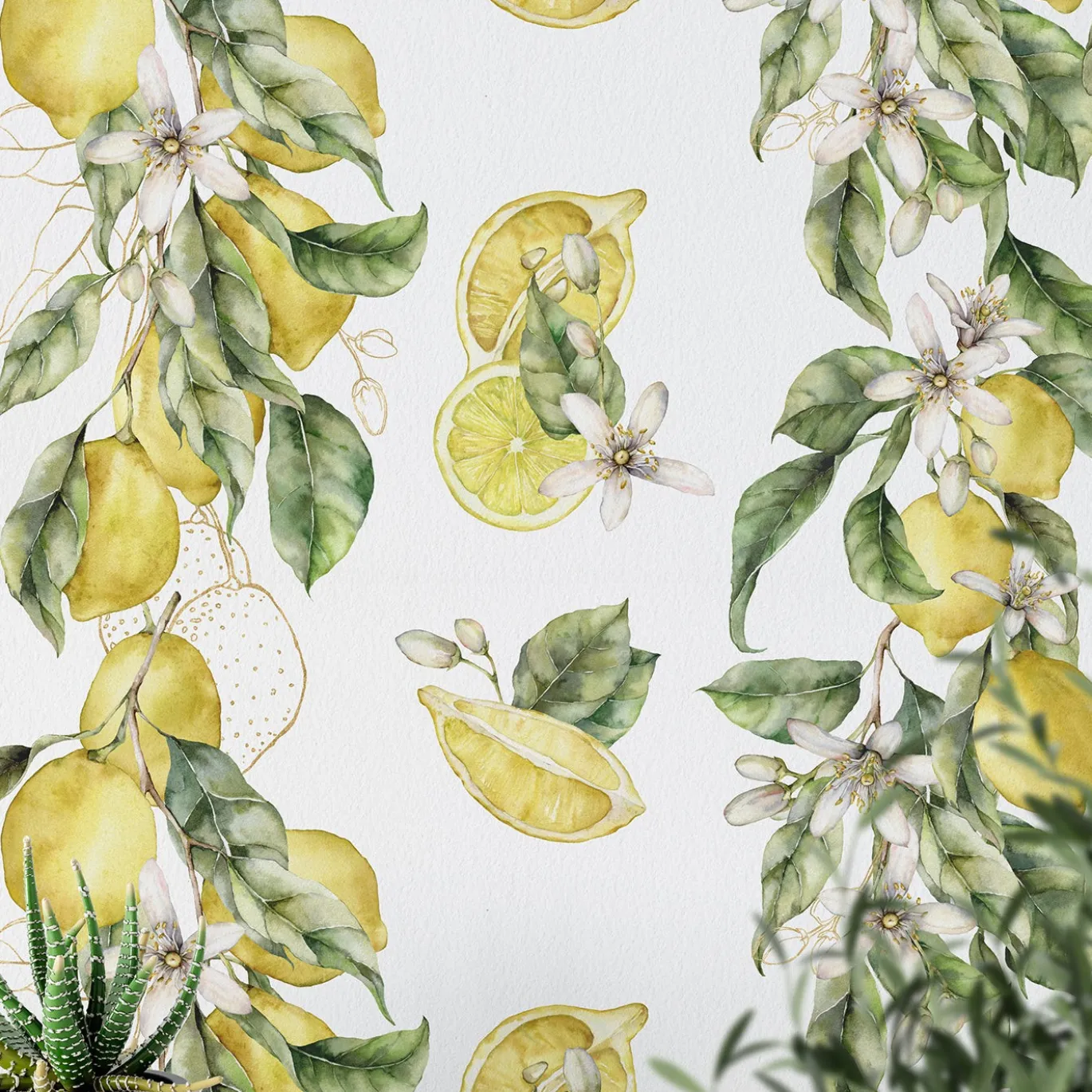 Carta da Parati ad Acquerello con Limoni della Costiera Amalfitana