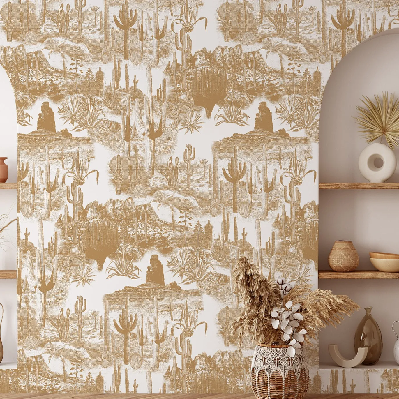 Carta da Parati Cactus Landscape Boho Beige