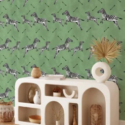 Carta da Parati Verde con Zebre Volanti