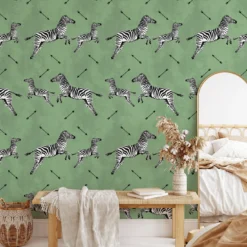 Carta da Parati Verde con Zebre Volanti