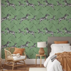 Carta da Parati Verde con Zebre Volanti