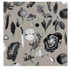 Carta da Parati Vintage Grigia con Verdure per Cucina