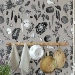 Carta da Parati Vintage Grigia con Verdure per Cucina