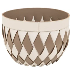 Cesto piccolo Canaria in pelle intrecciata crema e taupe