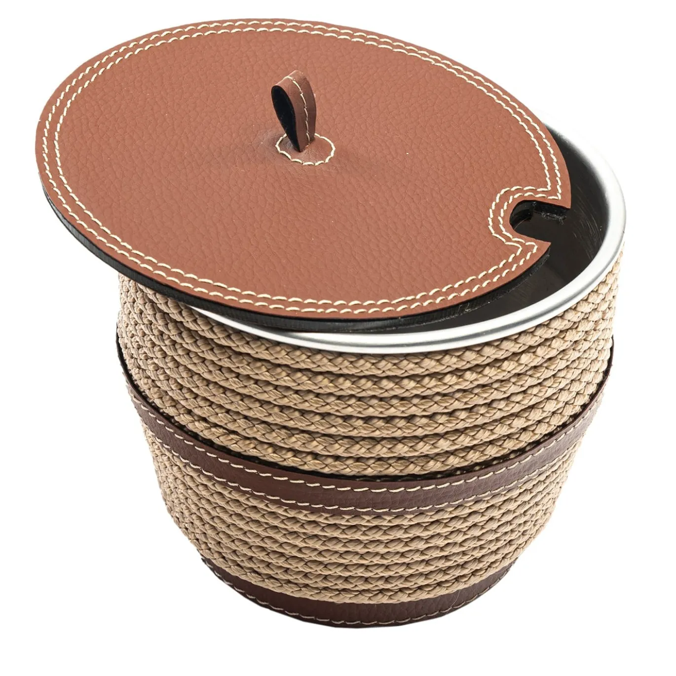 Contenitore per caffè in ecopelle beige con coperchio e inserti in corda