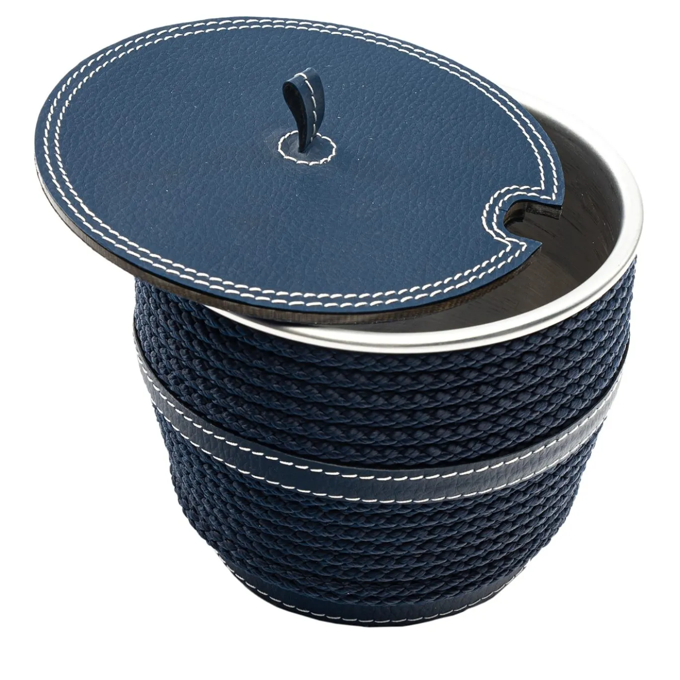 Contenitore per caffè in ecopelle blu con coperchio e inserti in corda