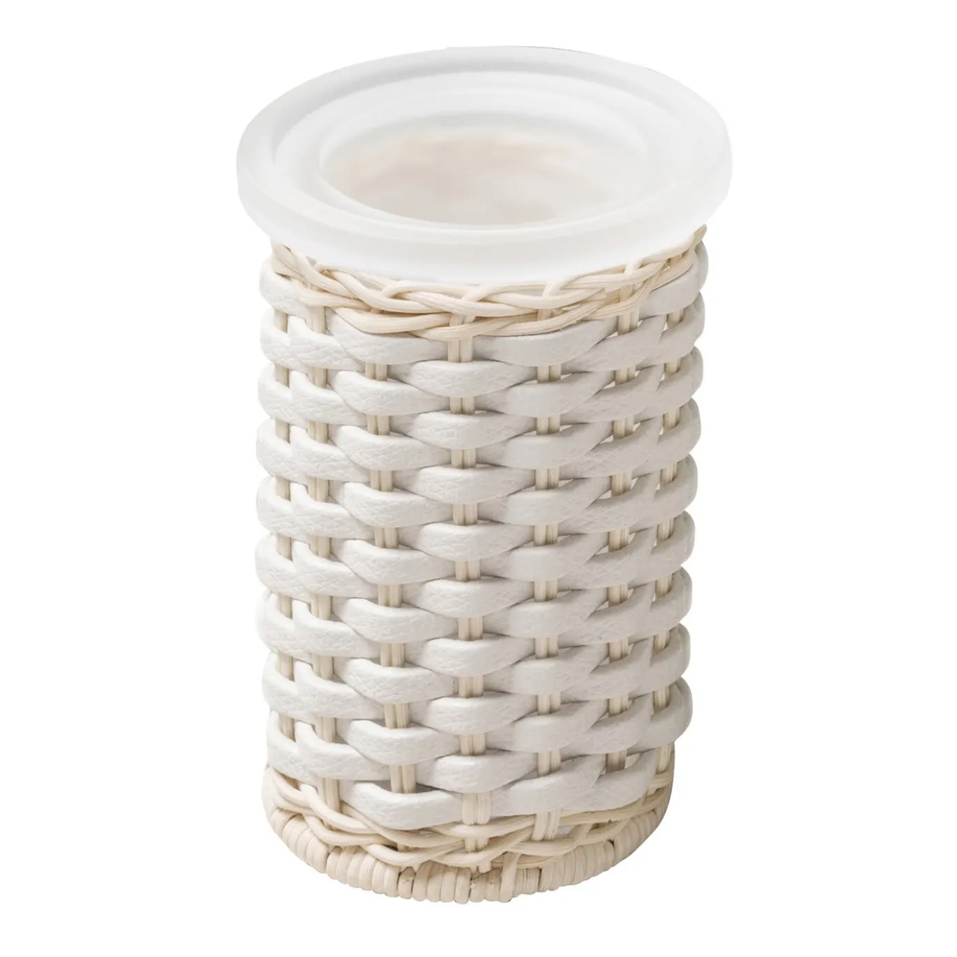 Dispenser per sapone e portaspazzolino in pelle bianca e rattan Calais