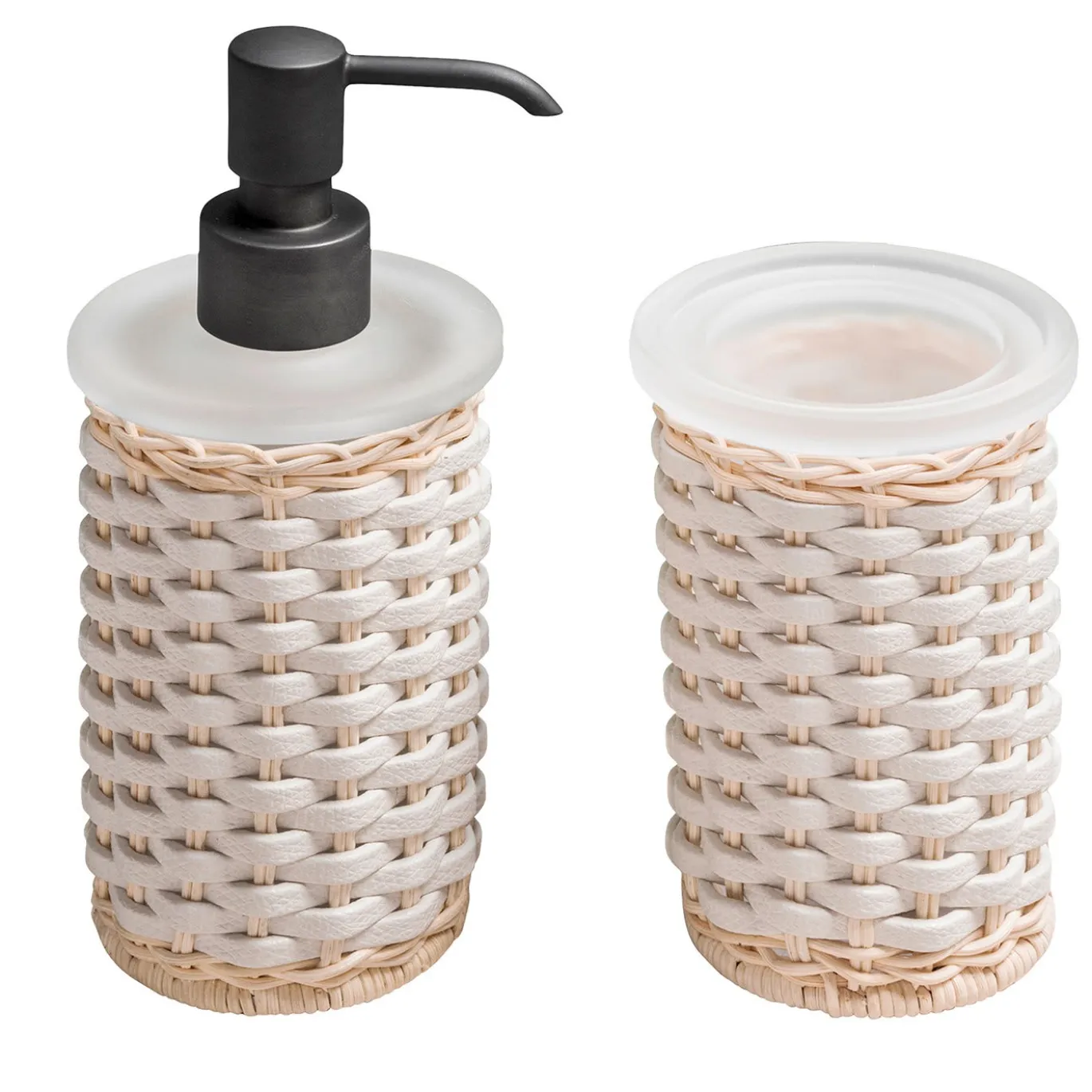 Dispenser per sapone e portaspazzolino in pelle bianca e rattan Calais