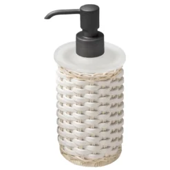 Dispenser per sapone e portaspazzolino in pelle bianca e rattan Calais