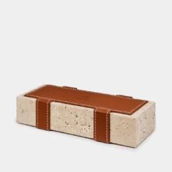 Fermacarte in Marmo Travertino con Inserti in Pelle