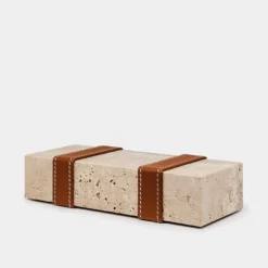 Fermacarte in Marmo Travertino con Inserti in Pelle