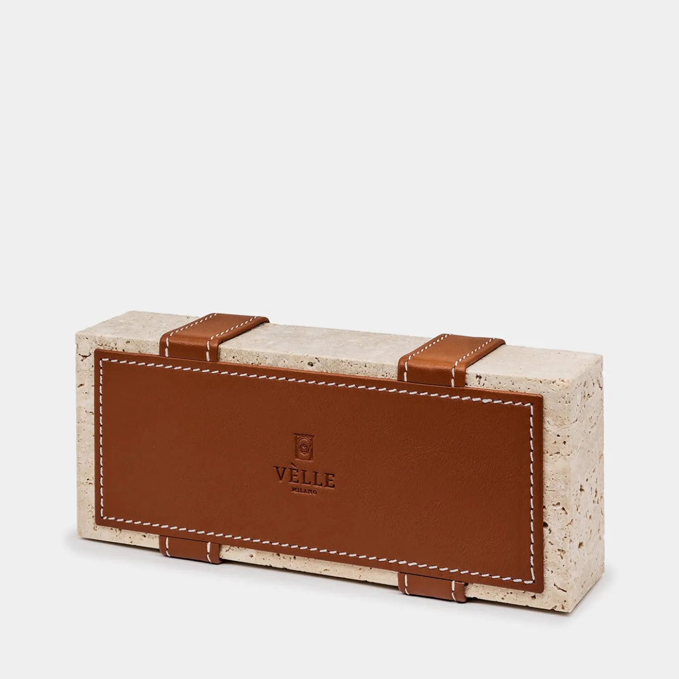 Fermacarte in Marmo Travertino con Inserti in Pelle