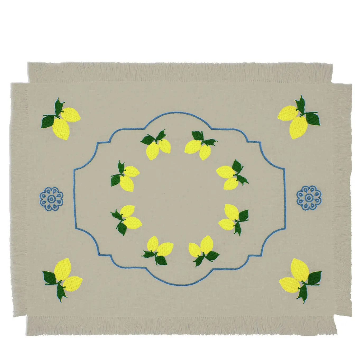 Limoni Set di 2 tovagliette ricamate con frange color taupe