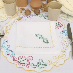 Luminaria Festa Set di 2 tovagliette per piatti in lino bianco ricamate in policromia