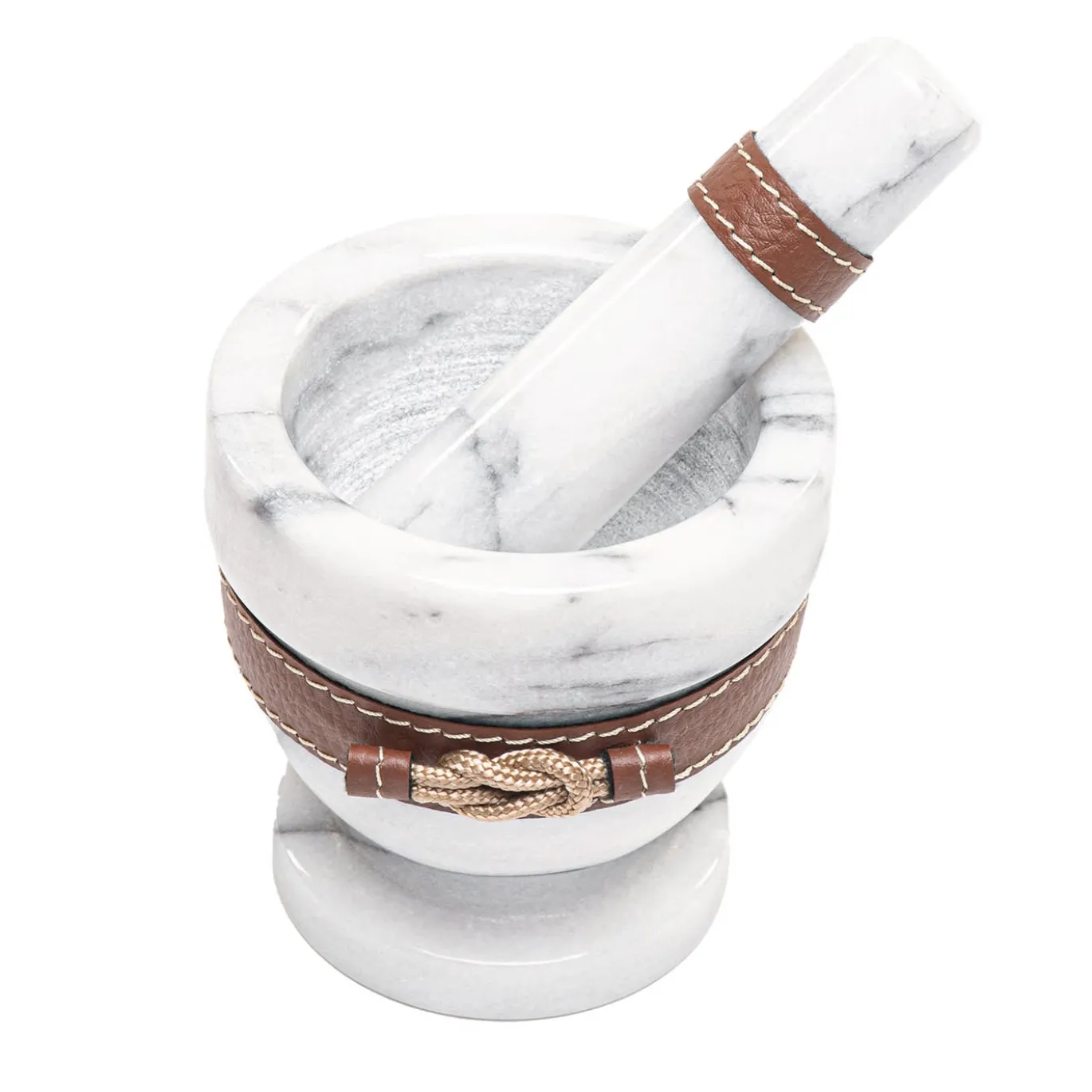 Mortaio con pestello in pelle beige/marmo bianco