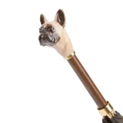 Ombrello marrone con manico di bulldog francese