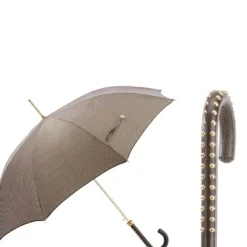 Ombrello Pied de Poule con manico in pelle borchiato
