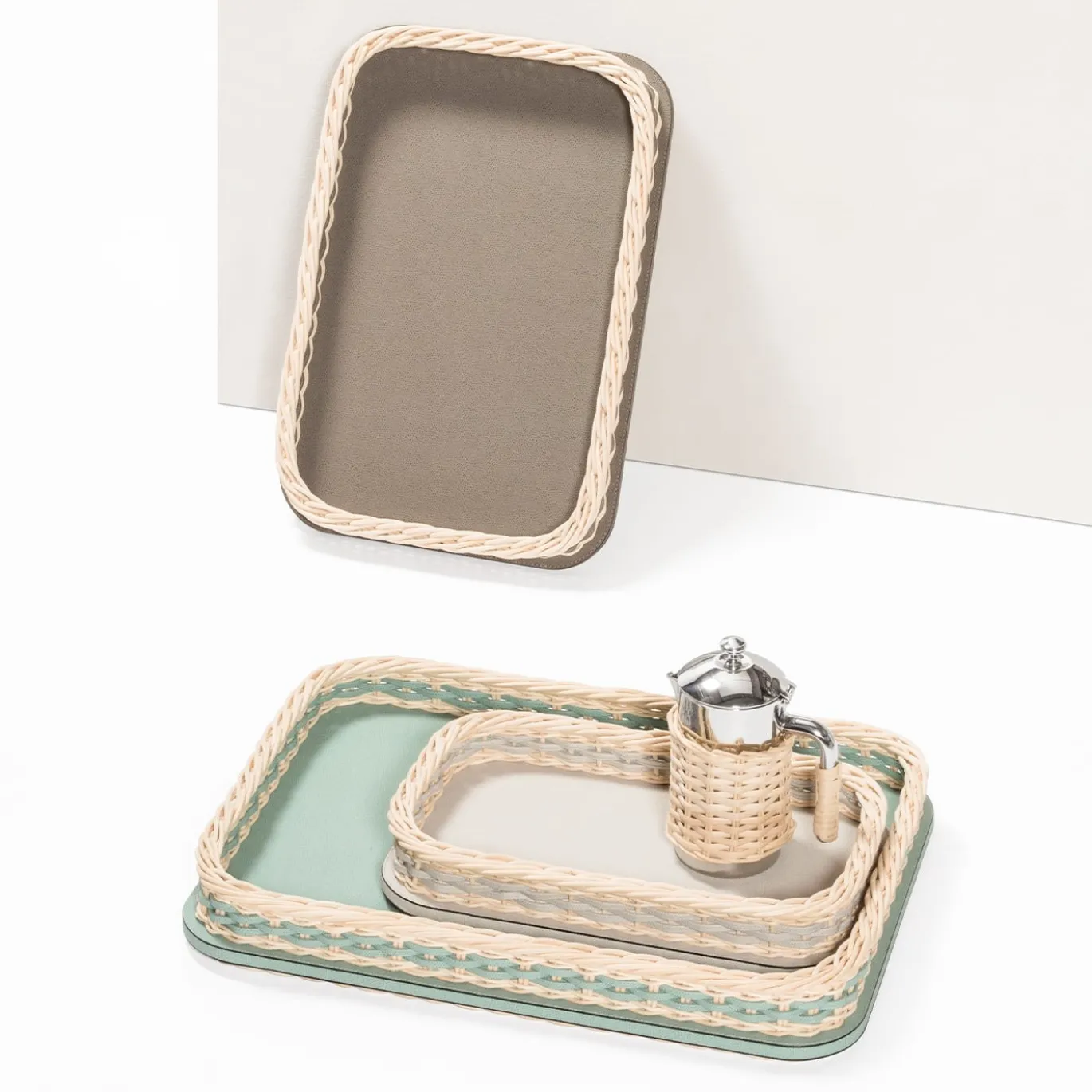 Orsay Mini vassoio rettangolare in pelle e rattan beige