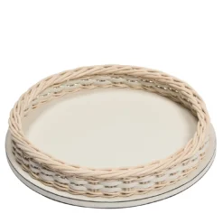 Orsay - Mini vassoio rotondo in pelle e rattan color crema