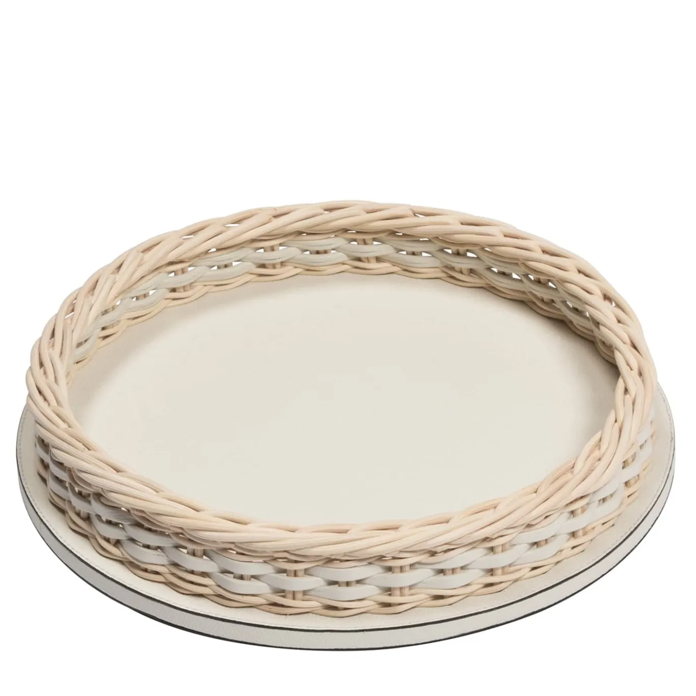 Orsay - Mini vassoio rotondo in pelle e rattan color crema