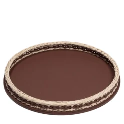 Orsay Vassoio grande rotondo in pelle e rattan marrone scuro
