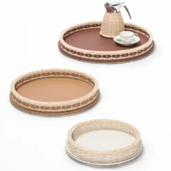 Orsay Vassoio grande rotondo in pelle e rattan marrone scuro