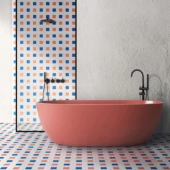 Piastrella La Navata In Ceramica Corallo E Blu Motivo Geometrico