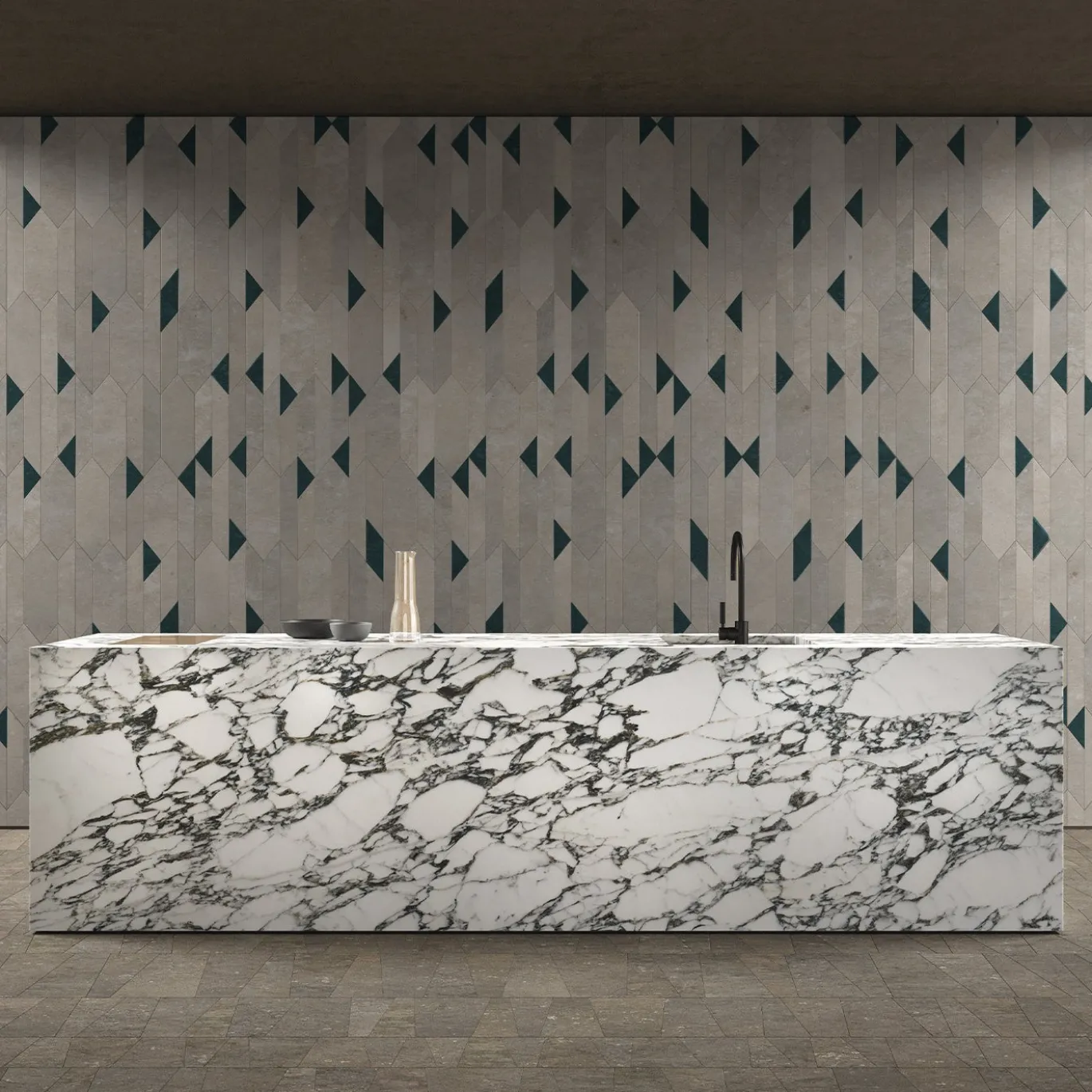 Piastrelle mosaico Fez in pietra di Vicenza Bianco Avorio e marmo Verde Imperiale