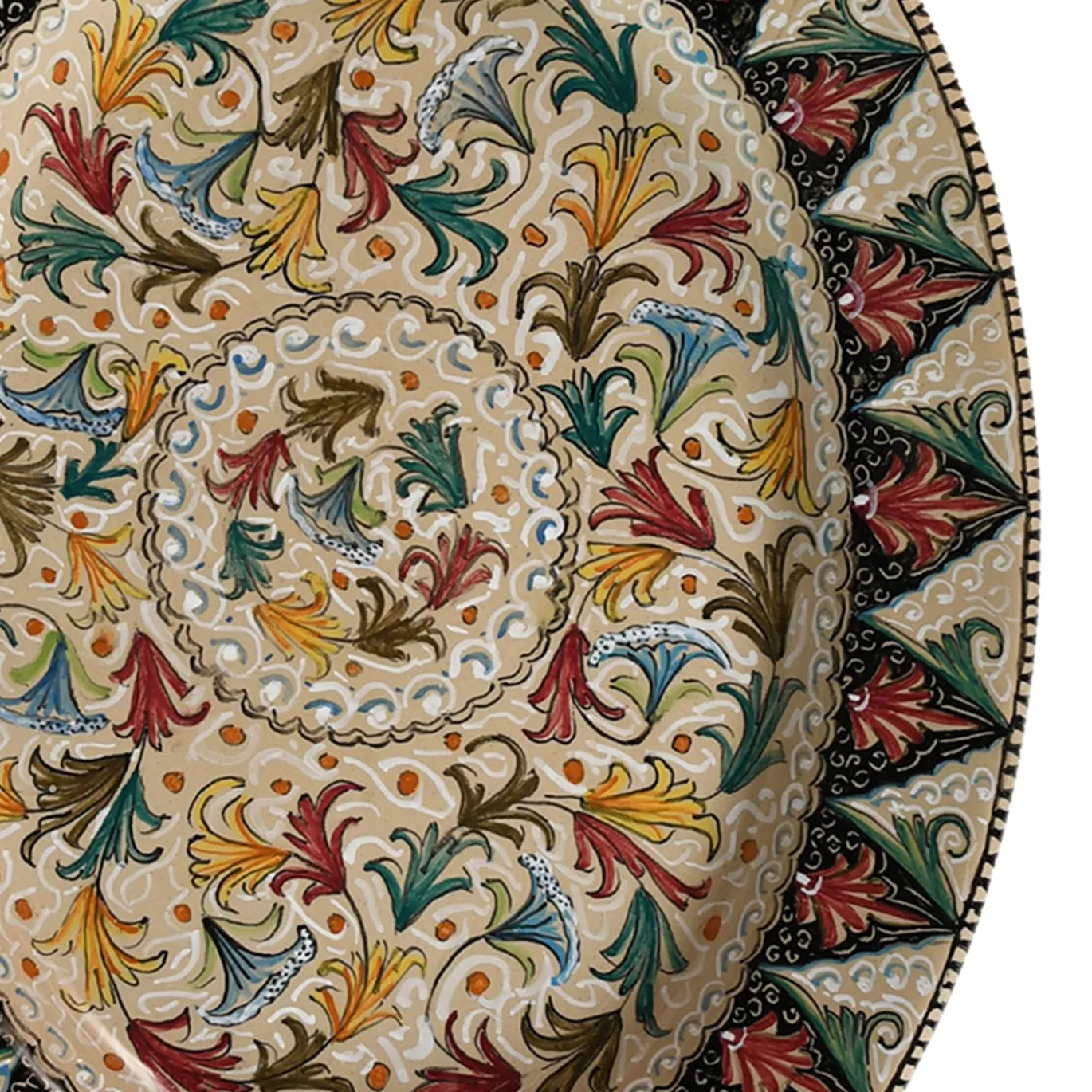 Piatto da portata in ceramica policroma con motivo floreale e fogliato