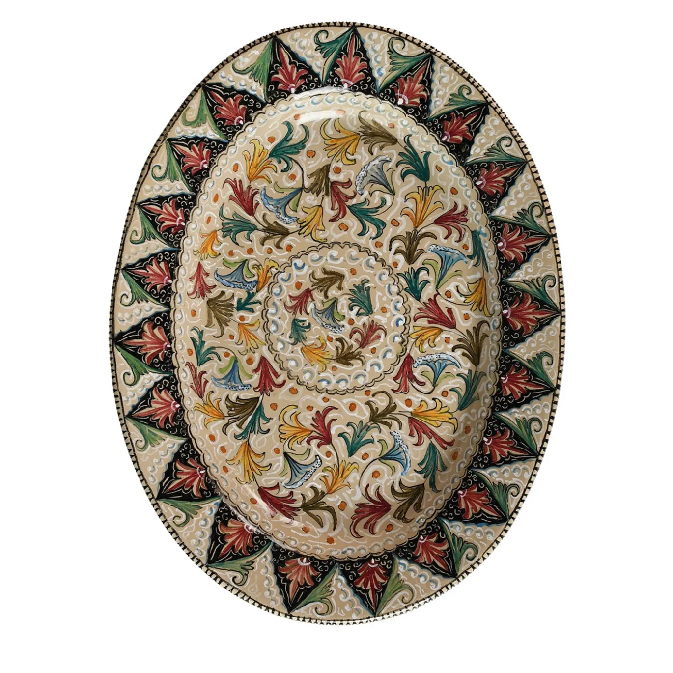 Piatto da portata in ceramica policroma con motivo floreale e fogliato
