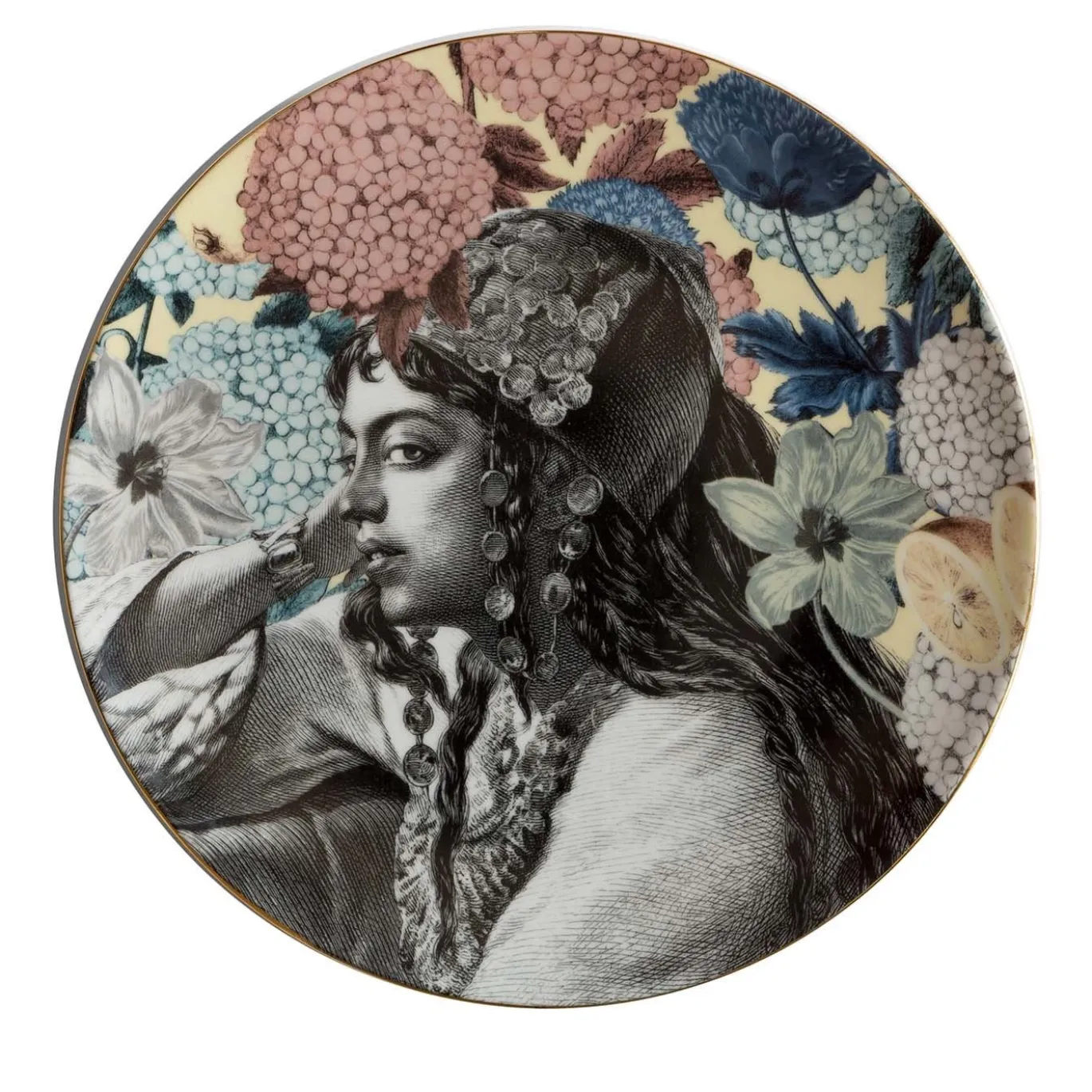Piatto da portata in porcellana del Cairo con volto di donna e fiori #6