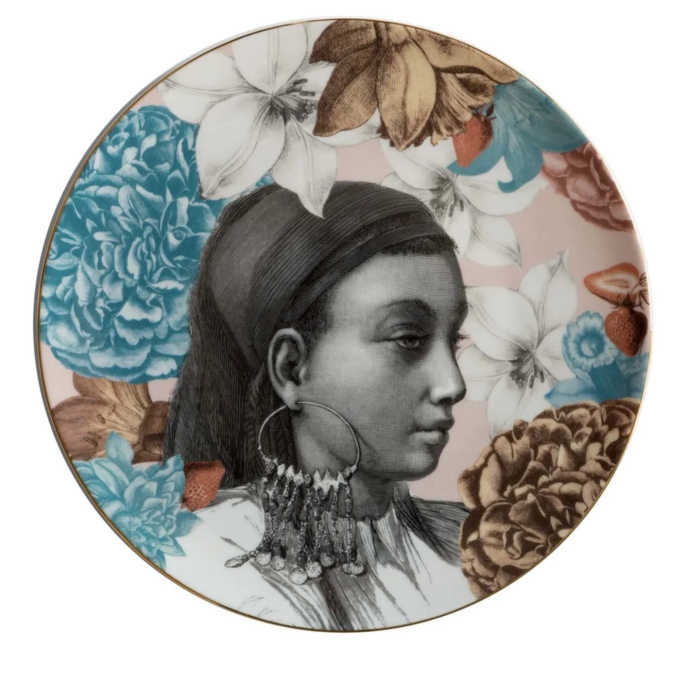 Piatto da portata in porcellana del Cairo con volto di donna e fiori #1