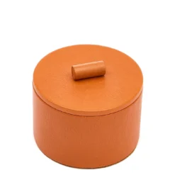 Piccola scatola per gioielli rotonda in pelle color caramello