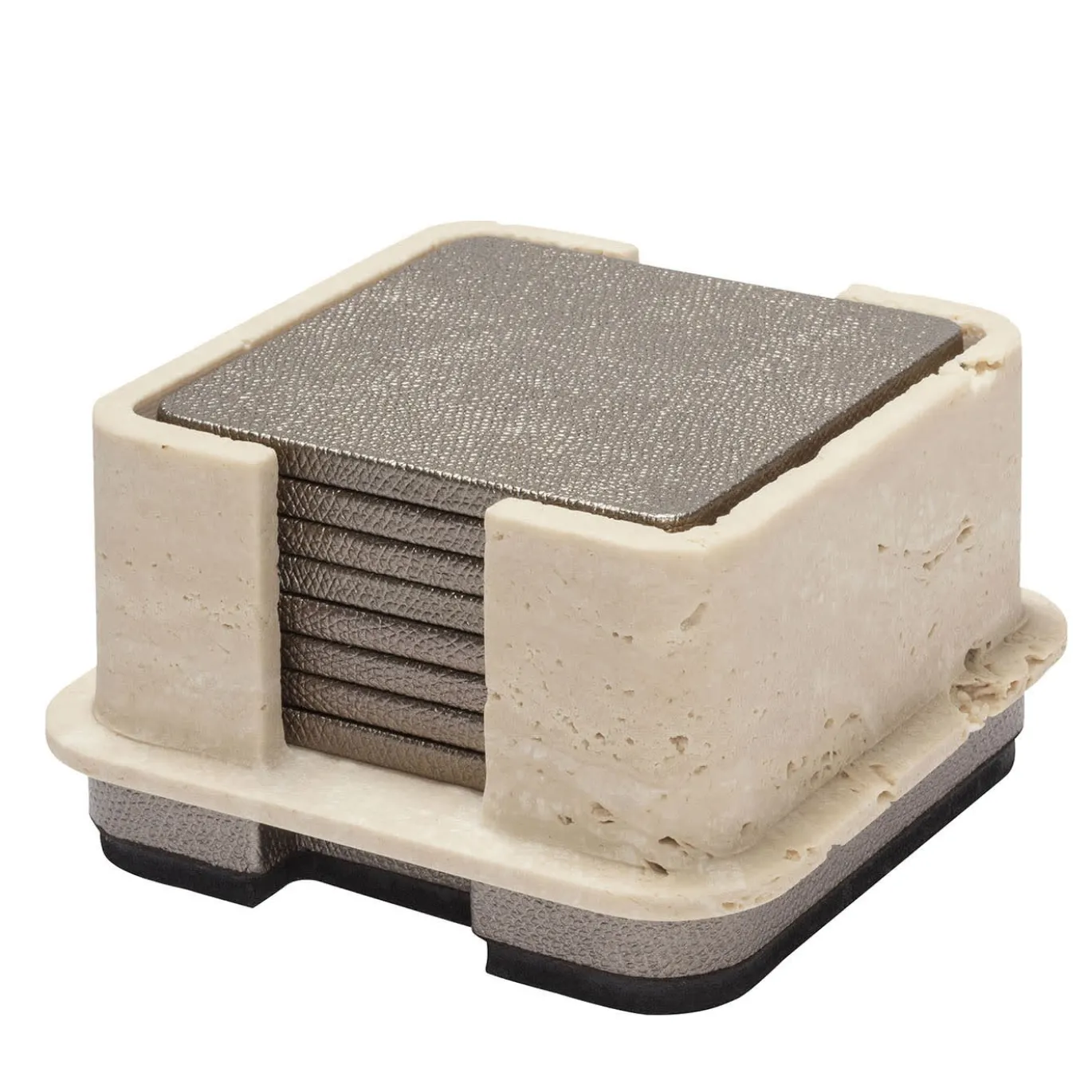 Portabicchieri Lloyd in pelle beige e marmo con 8 sottobicchieri
