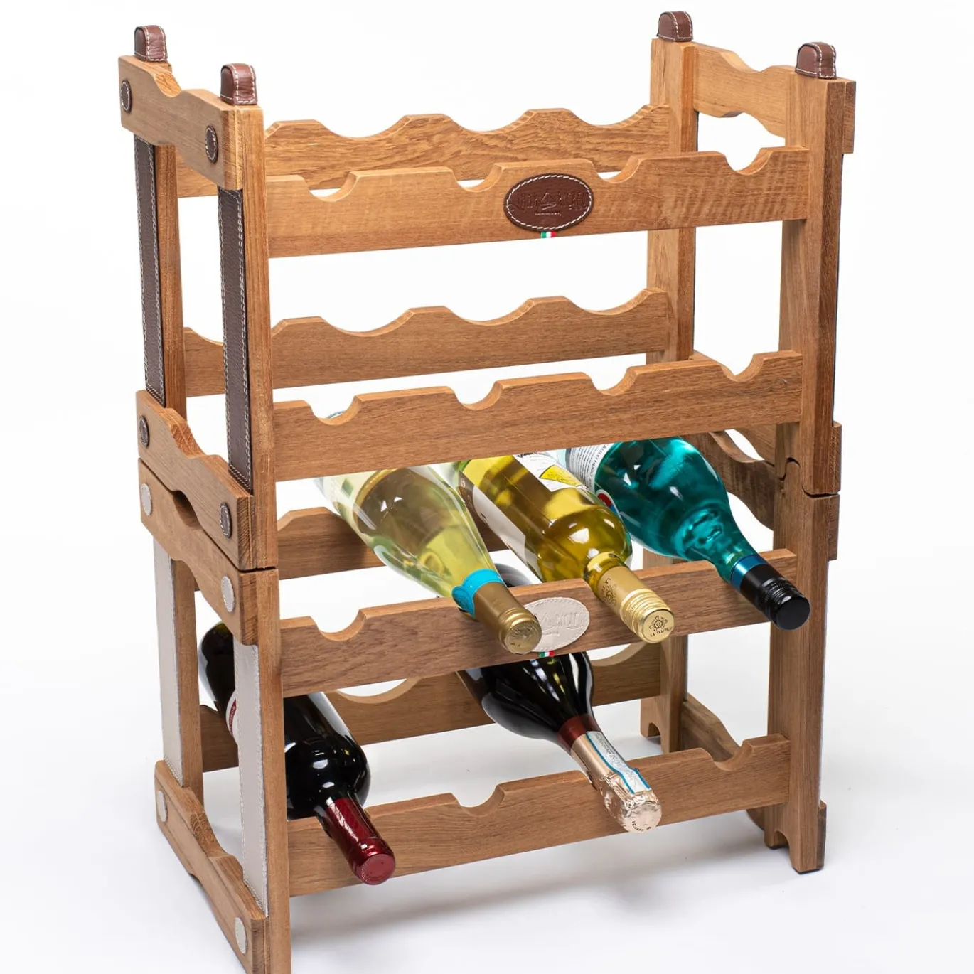 Portabottiglie in teak con inserti in ecopelle color crema