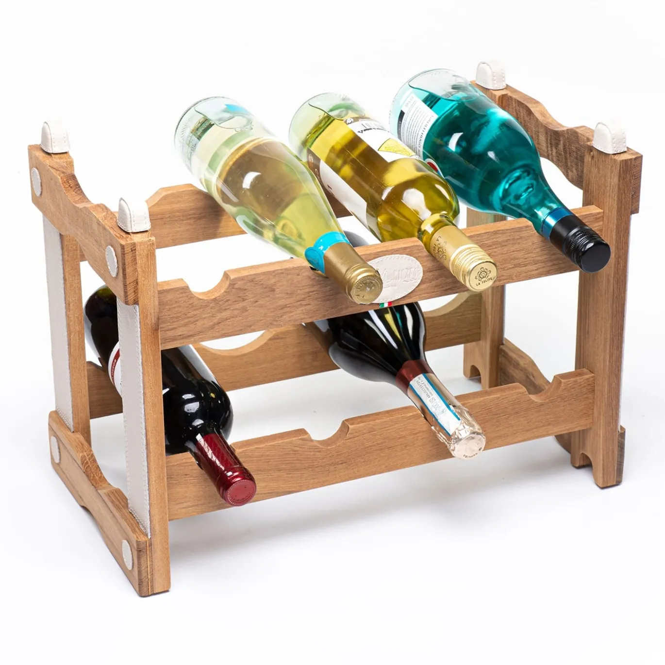 Portabottiglie in teak con inserti in ecopelle color crema