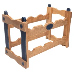 Portabottiglie in teak con inserti in ecopelle blu