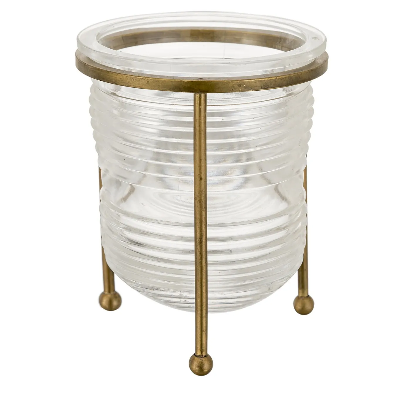Portapenne in vetro con base corta a treppiede in ottone