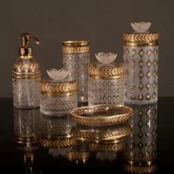 Portasapone in vetro con foglie d'oro e d'alloro