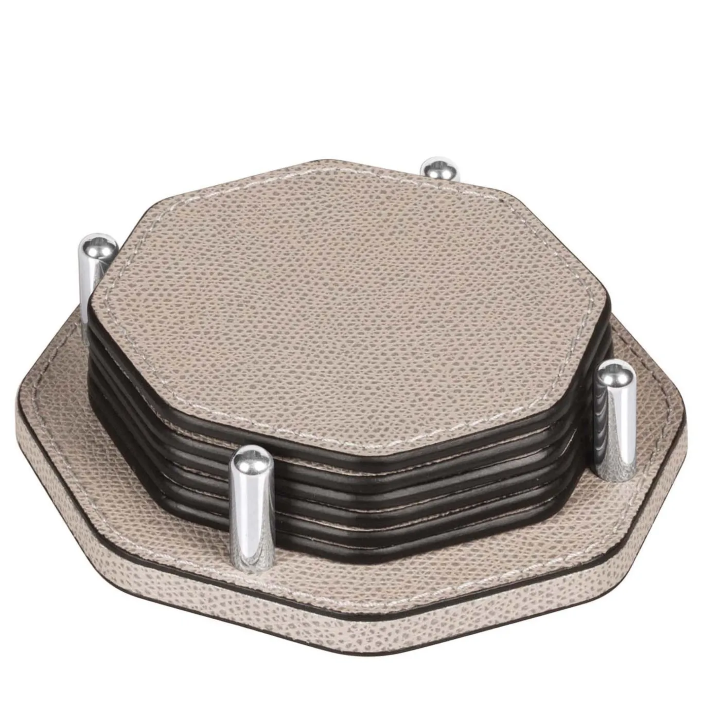 Portasottobicchieri David Ottagonale con 6 Sottobicchieri Tao in Pelle Beige