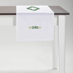 Rinascimento Runner da tavola di lino bianco ricamato verde