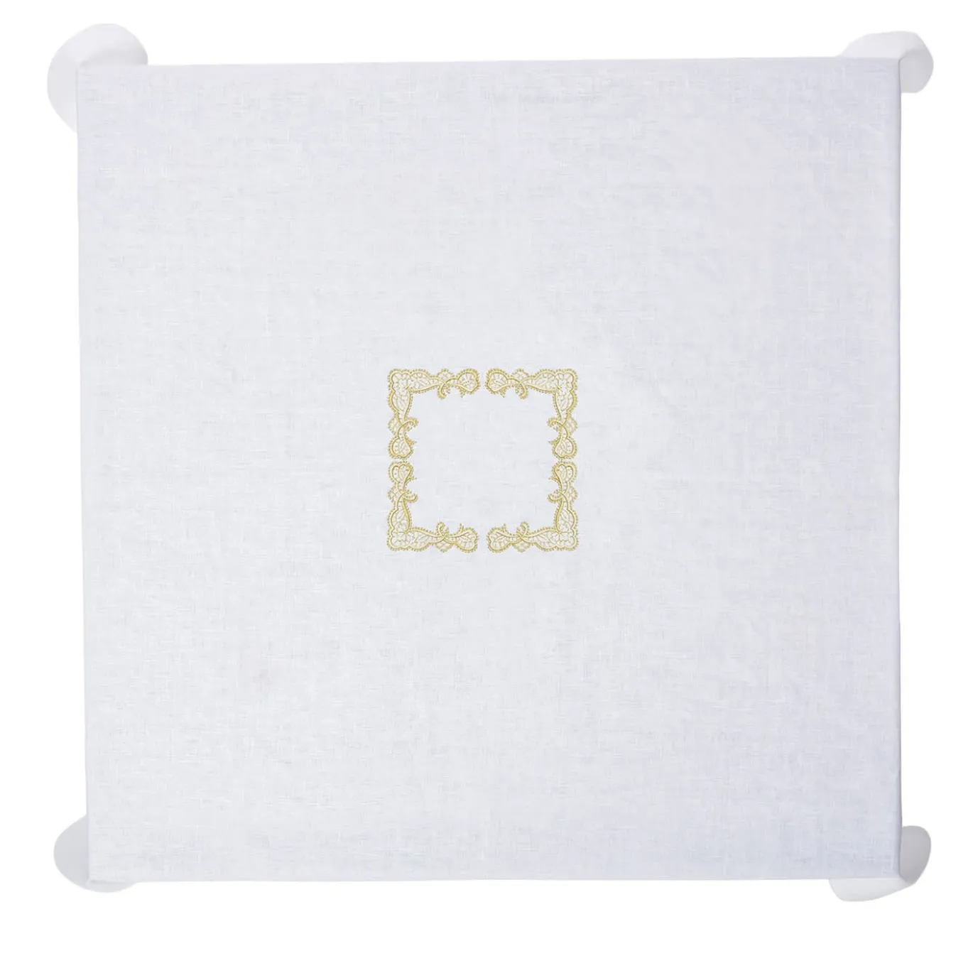 Rinascimento Tovaglia quadrata di lino ricamata in oro